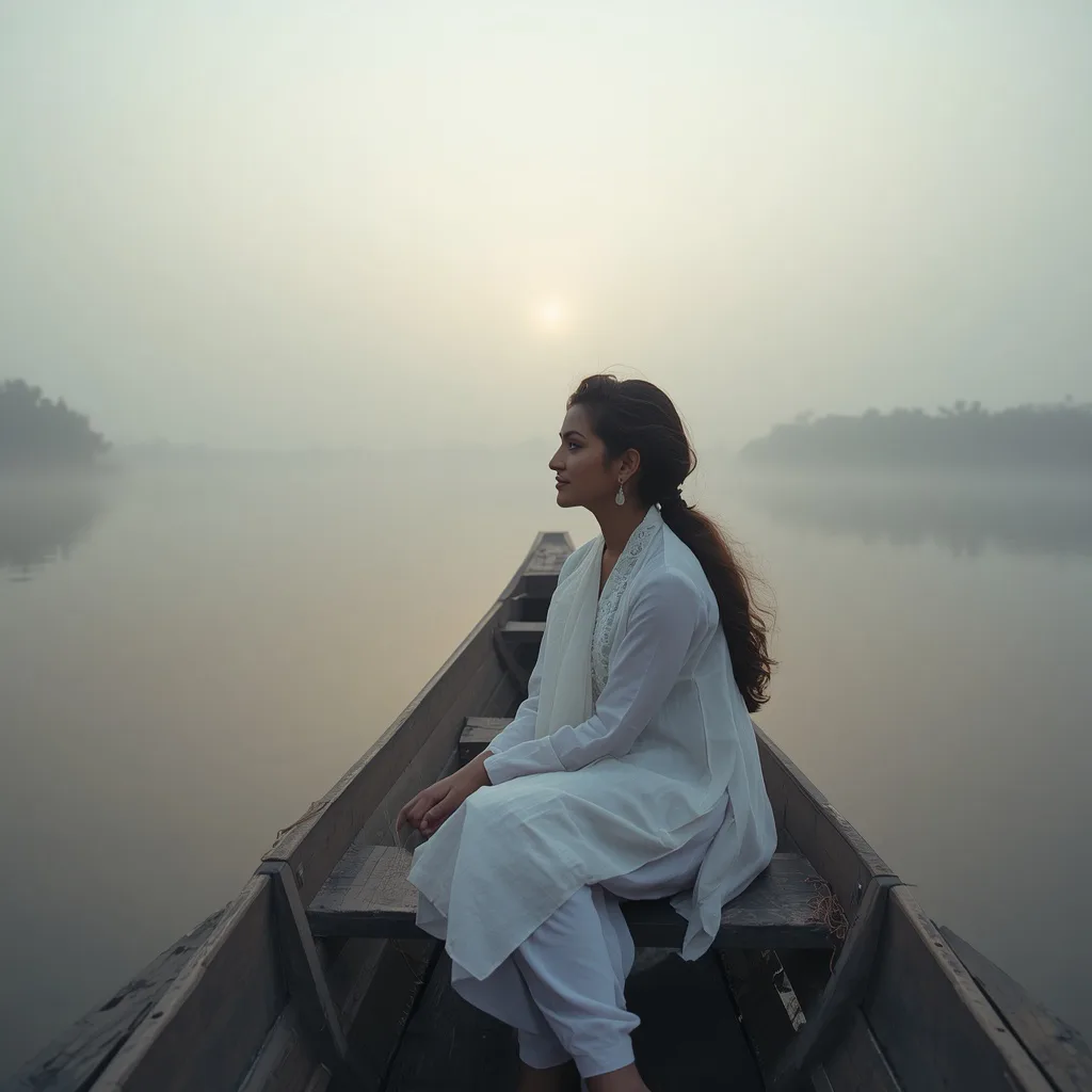 Solo Journey on a Misty Lake at Dawn