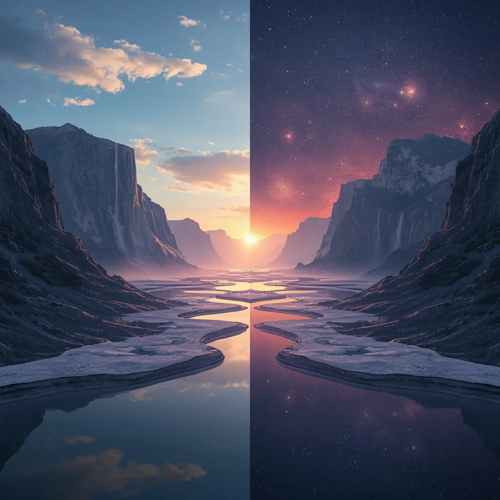 Ultra Cinematic Reverse Waterfall Mountains With Floating Rivers And Split Horizon Sky