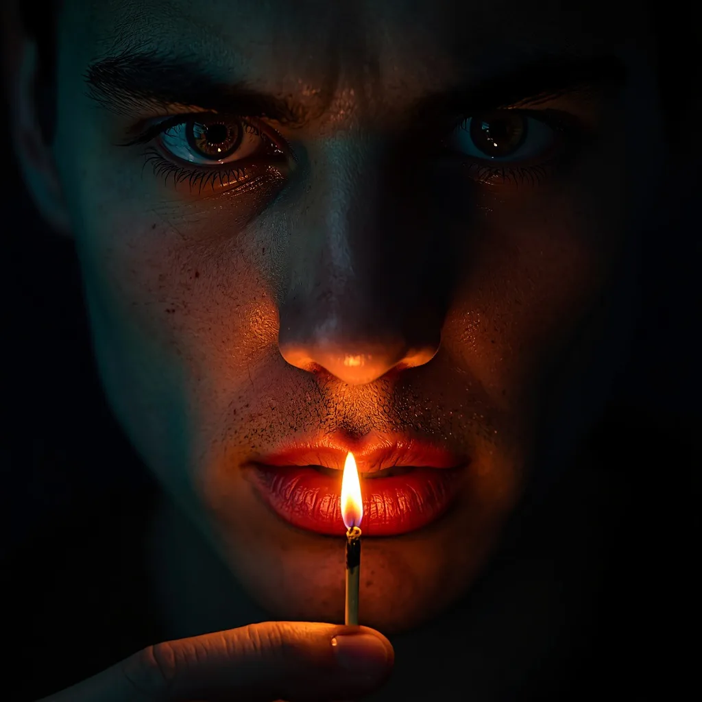Ultra-Close Cinematic Portrait of a Man with a Lit Match