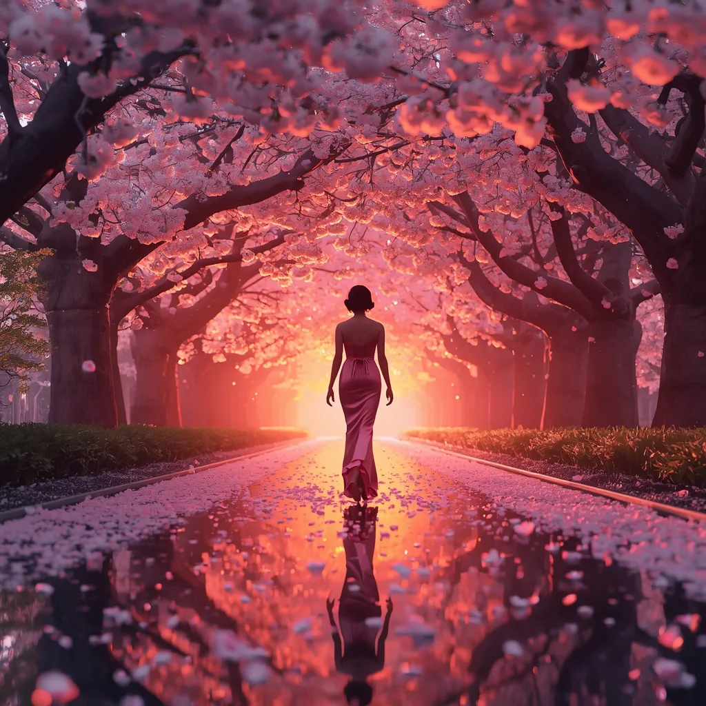 Vibrant Ambient Colors of a Cherry Blossom Avenue at Sunrise