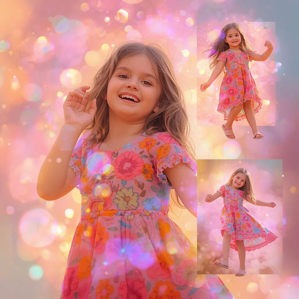 Vibrant Collage: Cute Girl in Playful Western Dress with Bubbling Plasma Fields