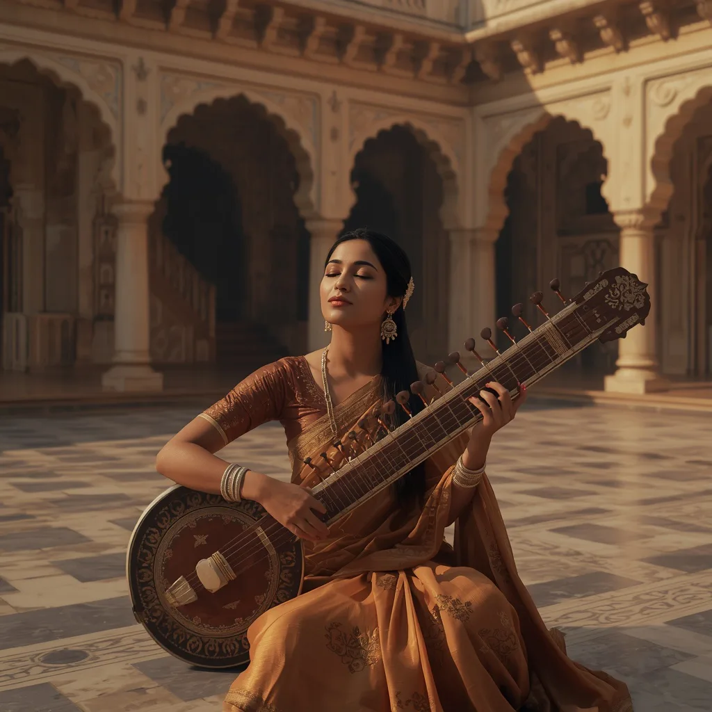 Woman Playing an Indian Classical Instrument in a Palace Courtyard – retro style saree prompts – AI generated example
