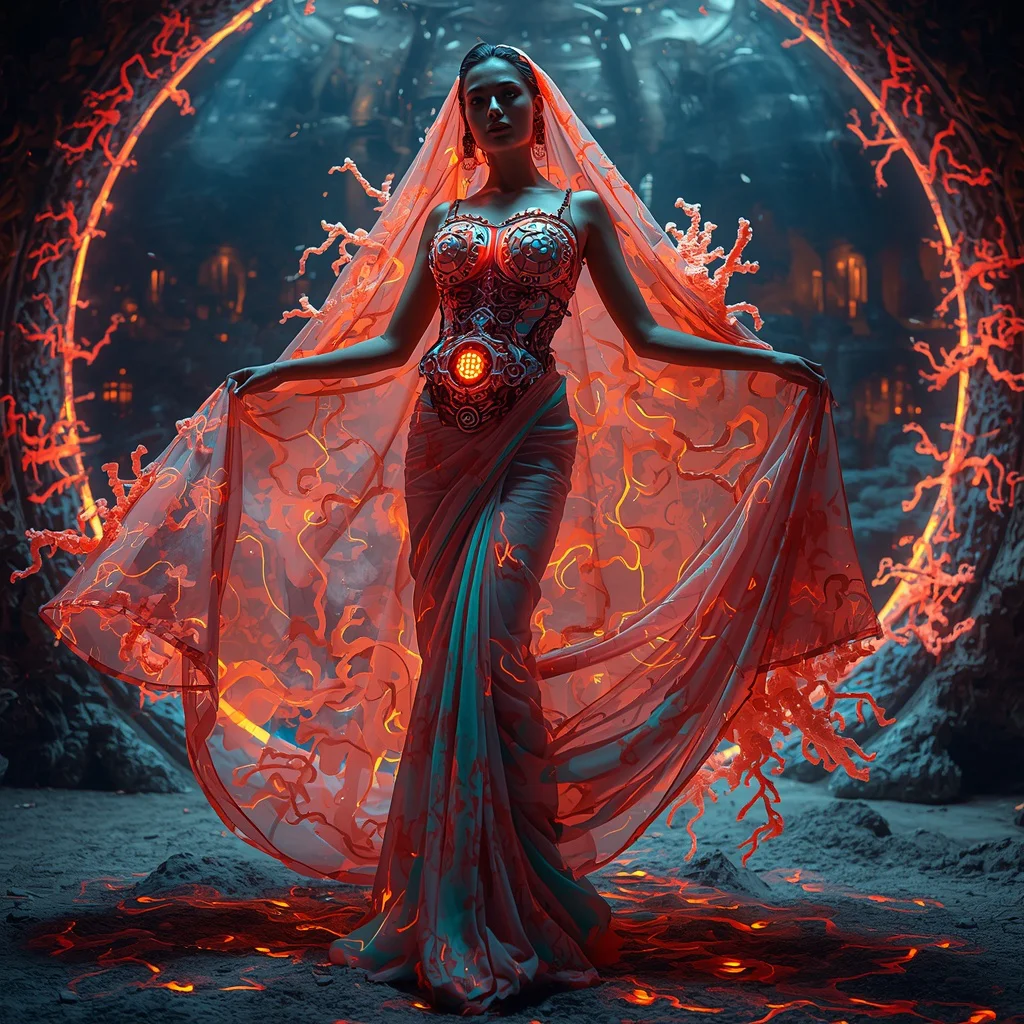 Biomech Coral Lava Saree with Living Engine Reef System | instagram prompt for traditional look for girl in english — AI image prompt