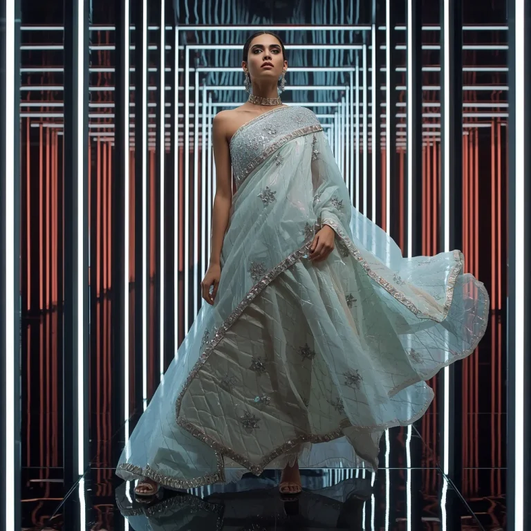 Diamond Pulse Saree with Infinity Neon Reflection Mazes | prompt for girls college ai photo editing — AI image prompt