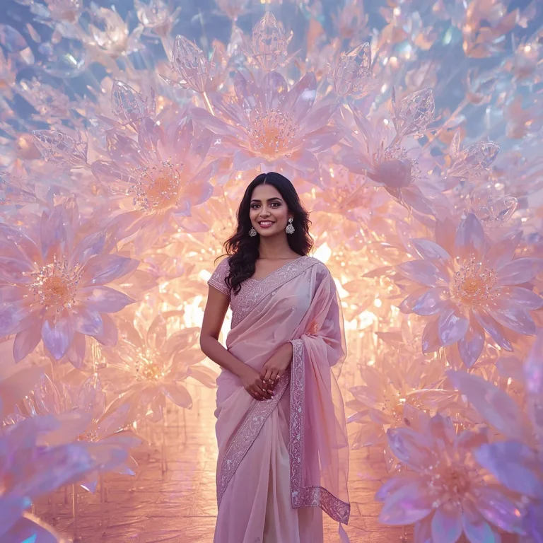 Festive Pastel Saree Holographic Crystal Bloom Horizon Collage Luxury Cinematic | prompt for gemini ai girl modern saree instagram — AI image prompt