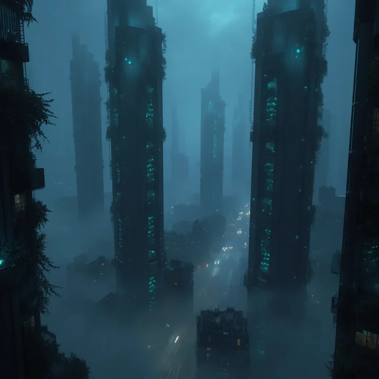 Futuristic Dark Cityscape With Glowing Cyan Bioluminescent Towers | profile pic ai prompt — AI image prompt
