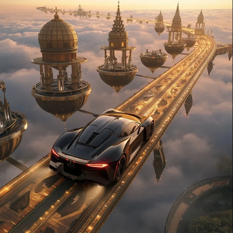 Hypercar Driving Across a Golden Highway Connecting Floating Treasure Kingdoms | South Indian look prompt for Gemini — AI image prompt