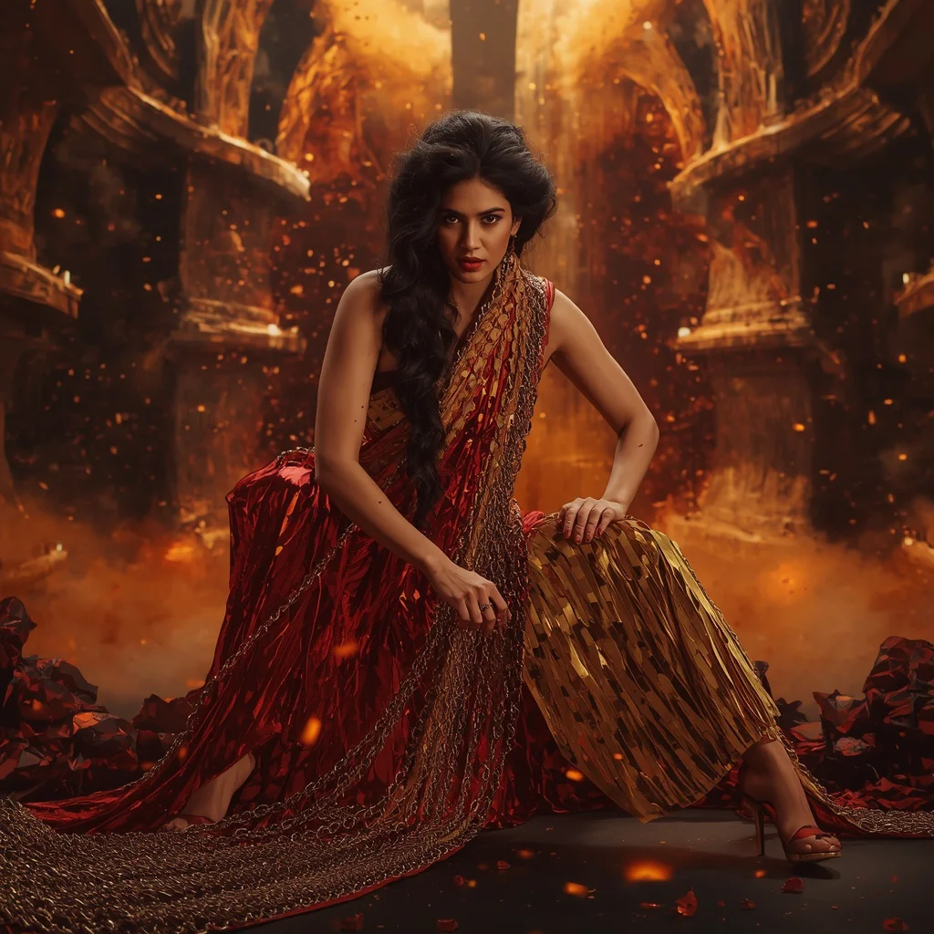Liquid Ember Chain Saree with Gravity Fire Core Chamber | instagram prompt for girl in saree pic — AI image prompt