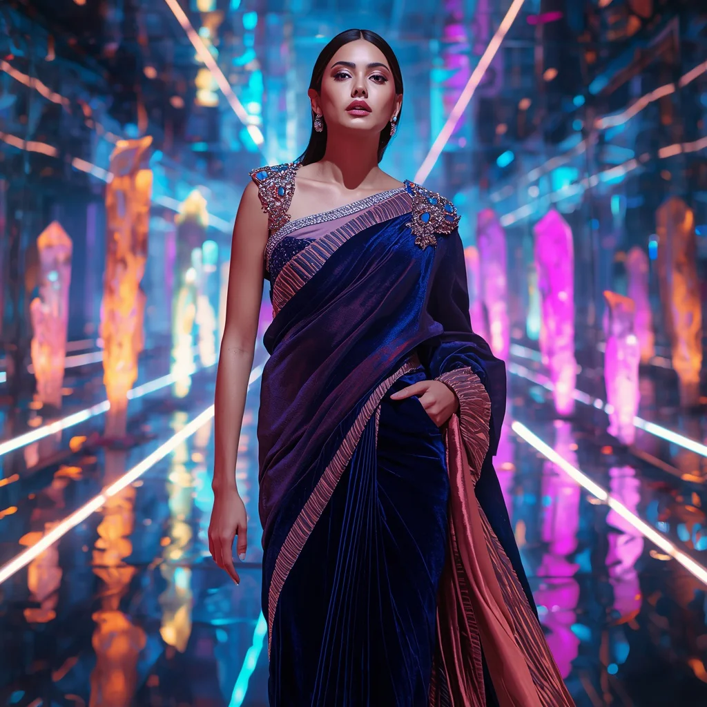 Lunar Velvet Saree with Floating Crystal Neon Water Corridors | prompt seen trending girl instagram in saree — AI image prompt