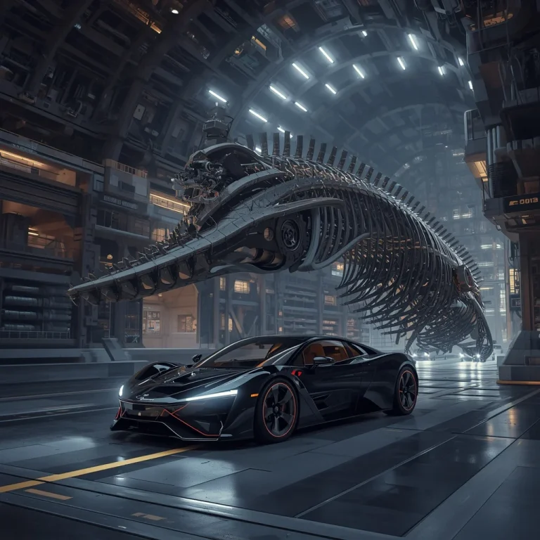 Luxury Hypercar Emerging From a Giant Mechanical Whale Skeleton Converted Into a City | prompt for traditional look chatgpt — AI image prompt
