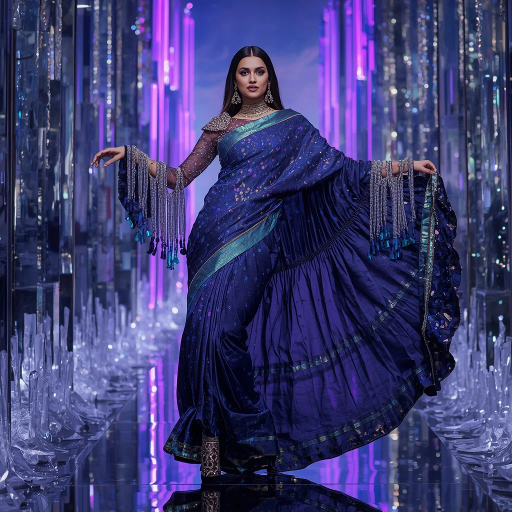Midnight Aurora Galaxy Saree with Floating Halo Crystal Corridors | traditional saree prompt for girl instagram — AI image prompt