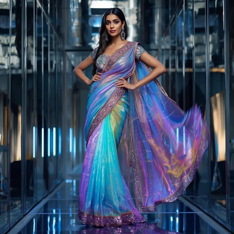Neon Smoke Comet Saree – Futuristic Celebrity Saree with Fashion Walk Pose and Comet Reflection Tunnel Background | saree dp ai prompt — AI image prompt