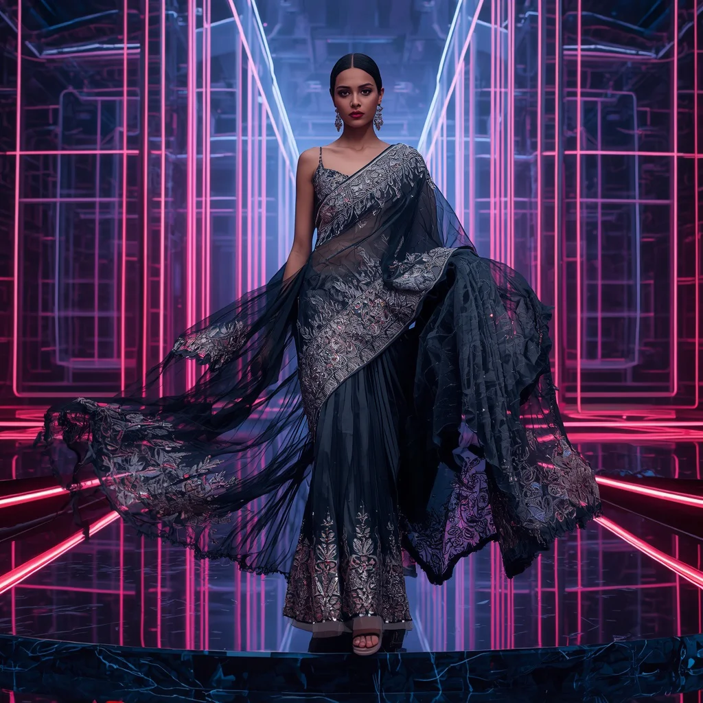 Obsidian Jewel Saree with Floating Laser Neon Corridors | traditional saree prompt for instagram for girl — AI image prompt
