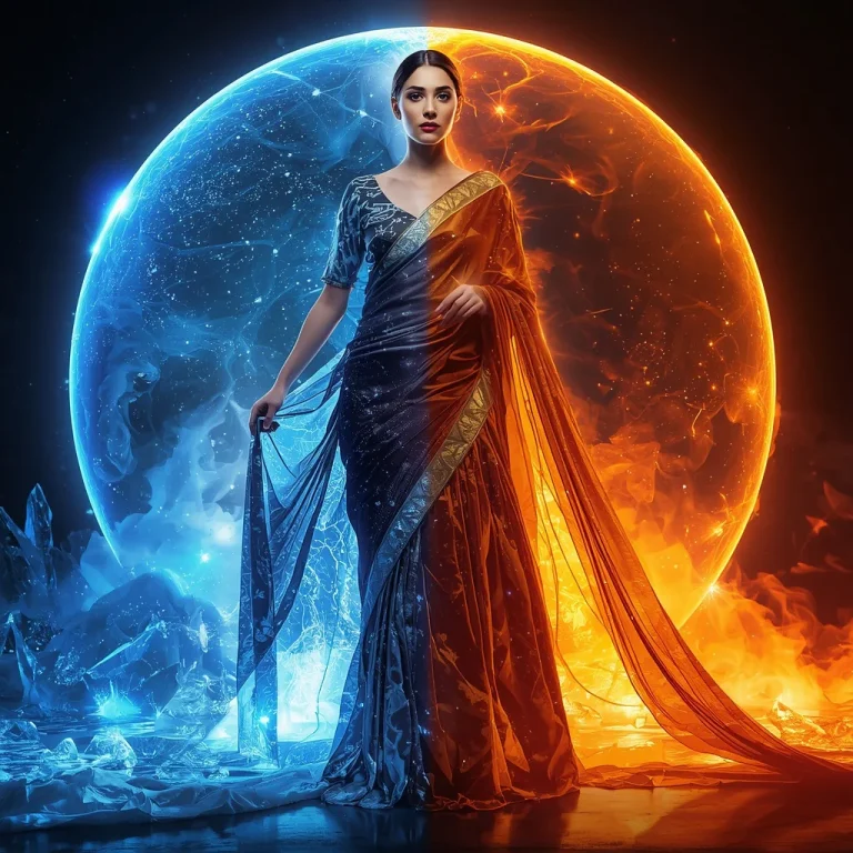 Plasma Ice Fire Silk Rift Saree with Dual Universe Energy Dome | indian bride saree ai prompt — AI image prompt