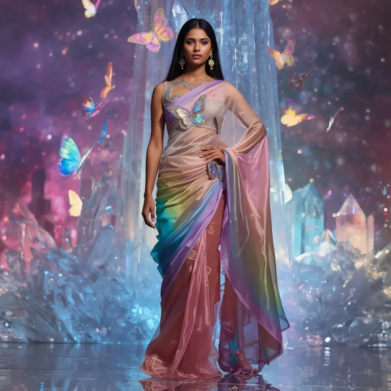 Prism Rainbow Butterfly Saree with Holographic Crystal Universe Background | prompt for gemini ai girl modern saree copy and paste — AI image prompt