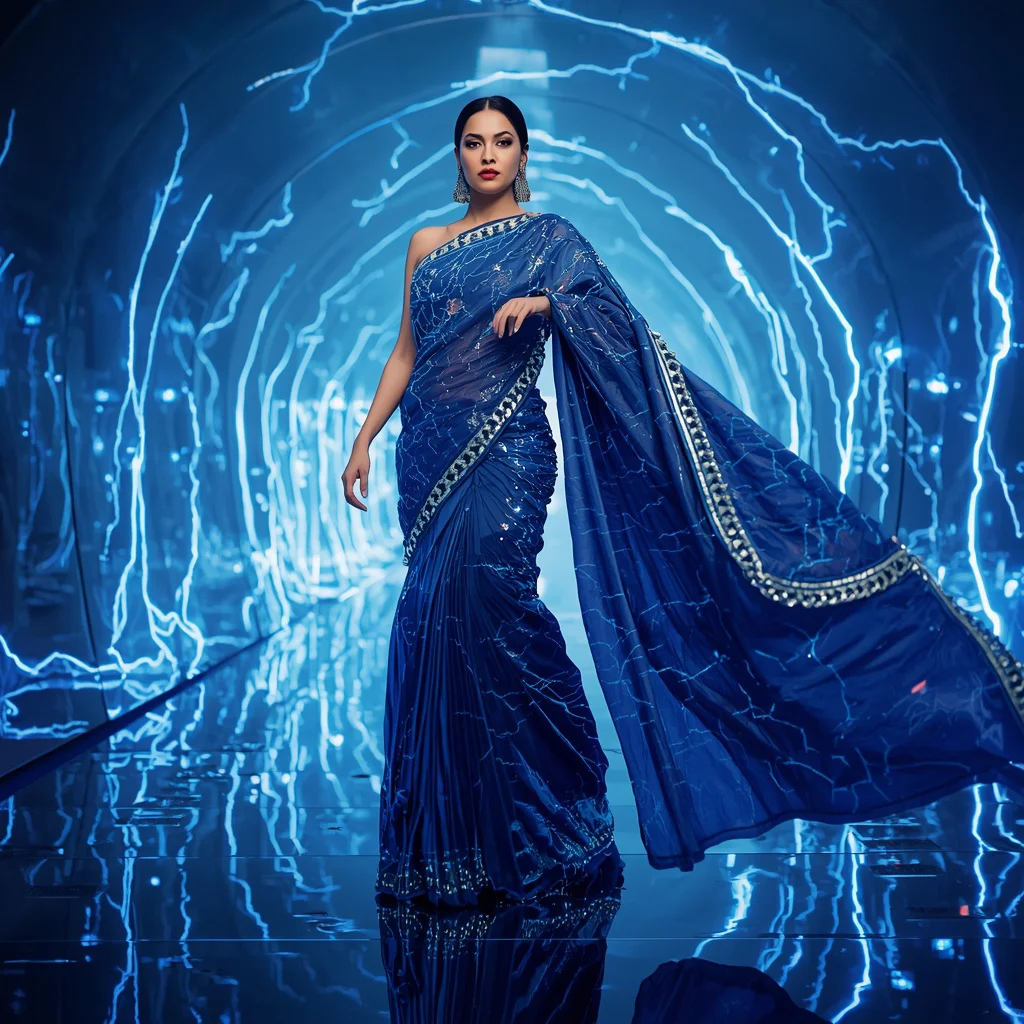 Sapphire Electric Mirage Saree with Neon Lightning Corridor | new instagram trend prompt for girl aesthetic — AI image prompt