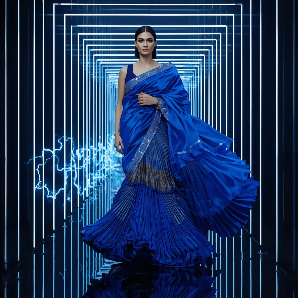 Sapphire Thunder Eclipse Saree with Floating Laser Reflection Corridor | prompt for gemini ai girl style trending instagram — AI image prompt