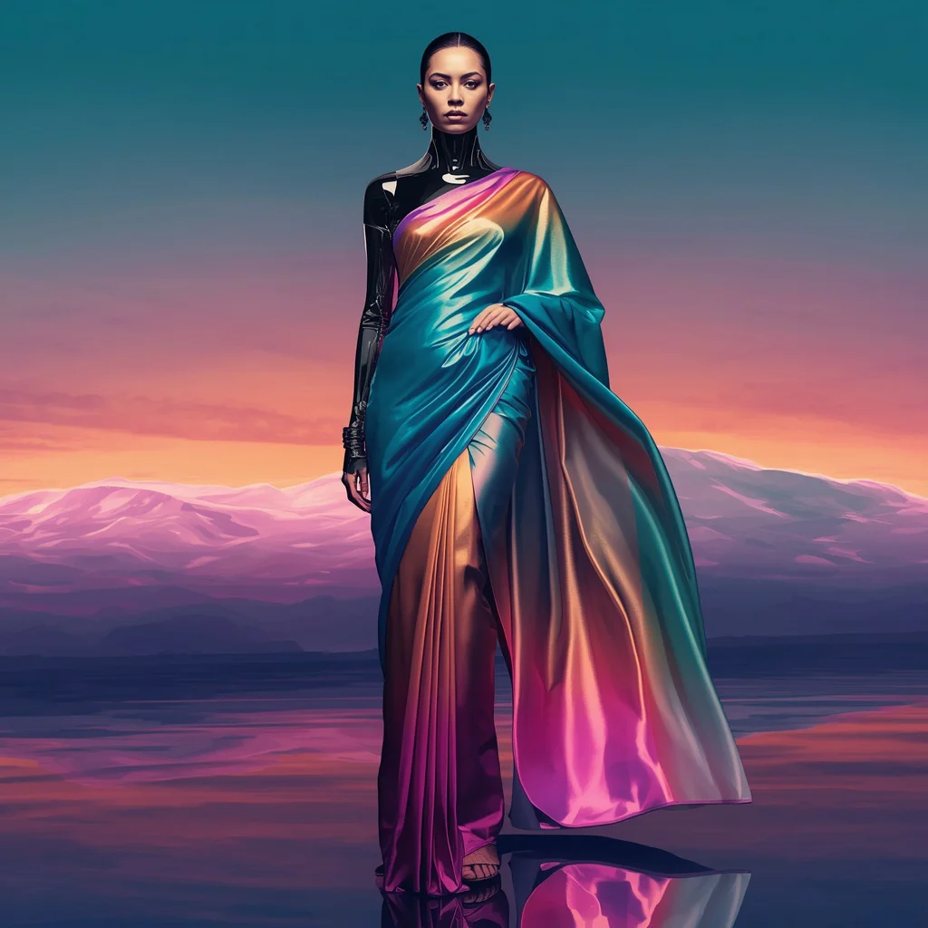 Ultra Luxury Chromatic Mirage Silk Saree Couture with Floating Color Shift Horizon Dimension Background | prompt seen gemini girl instagram — AI image prompt