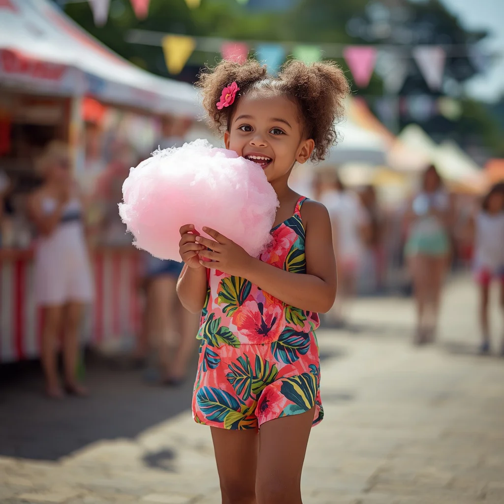 A cute girl happily eating cotton candy at a summer festival | prompt for traditional look for girl — AI image prompt