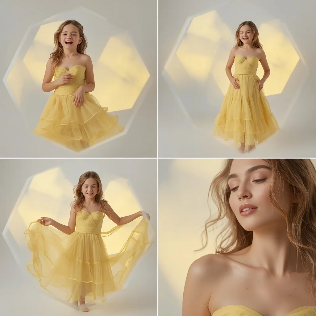 Beautiful Girl in Lemon Yellow Organza Dress Prism Lights | prompt seen trending girl photo — AI image prompt