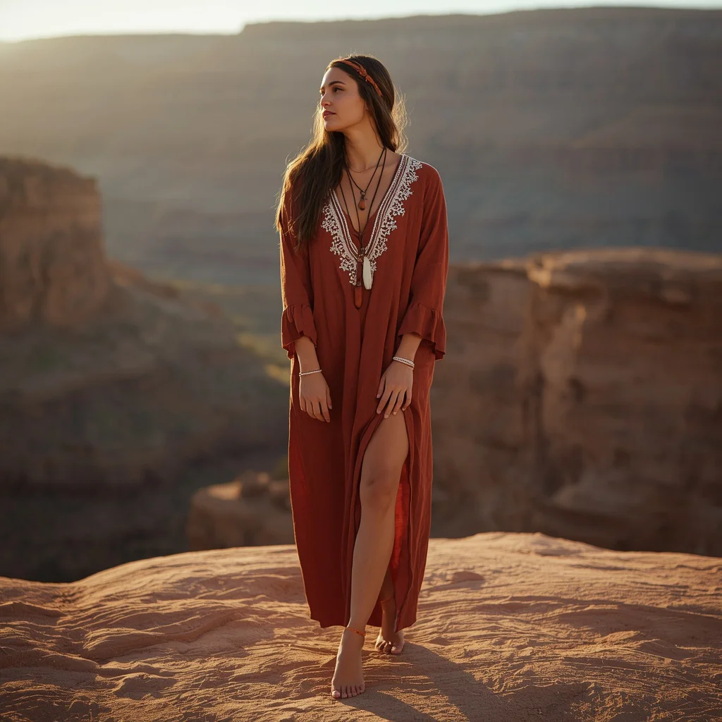 Bohemian Earthy Tones: A Rust Colored Maxi Dress with Embroidery | Instagram prompt for traditional look for girl — AI image prompt
