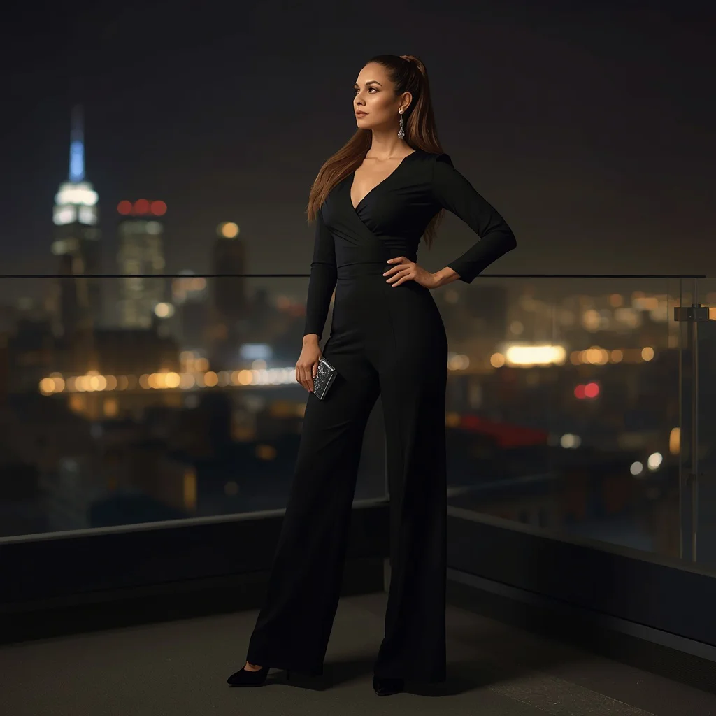 Elegant Black Jumpsuit: A Sophisticated Urban Evening | desi girl ai prompt — AI image prompt