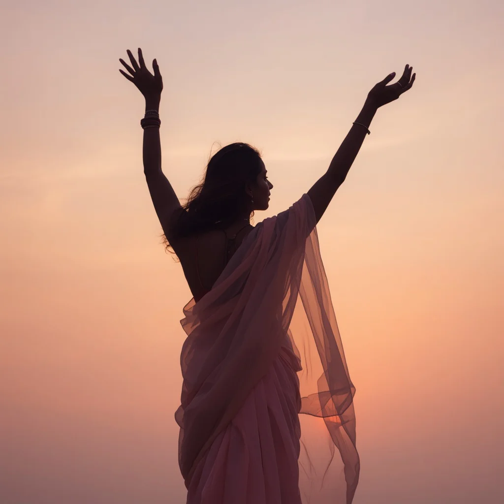 Graceful Silhouette Against Sunset in a Flowing Pastel Saree | Trending purple saree prompt today — AI image prompt
